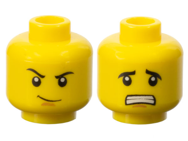 Minifigure, Head Dual Sided Black Eyebrows, Medium Nougat Chin Dimple, Thin Smirk / Scared Open Mouth with Teeth Pattern